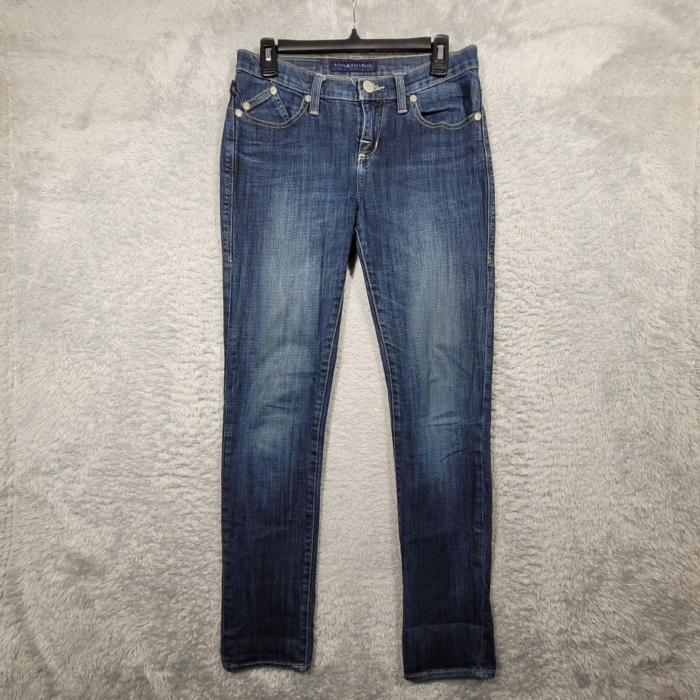 Rock & Republic Berlin Jeans Women 8M Blue Slim Straight Logo Low Rise 30x31